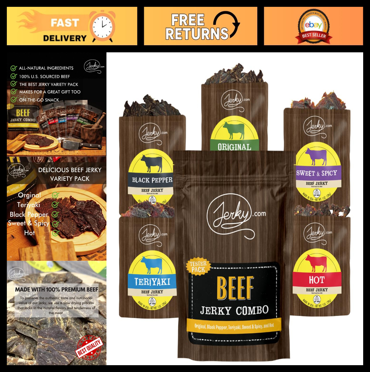 Beef Jerky Sampler Pack – 5 Flavors, Premium Meat Snack, No MSG, Gift for Men