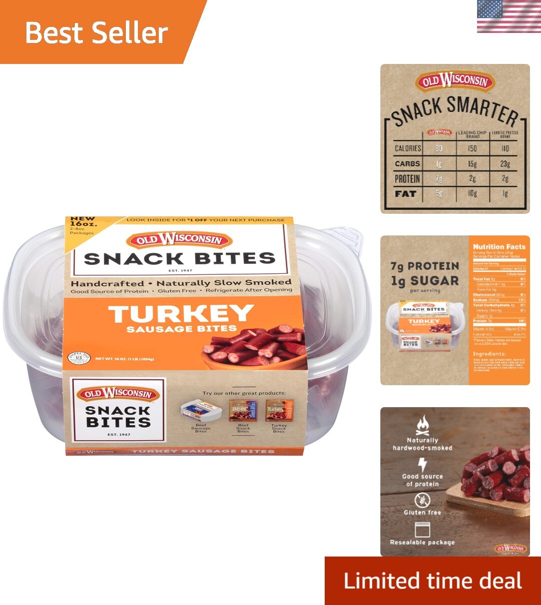 Savory Turkey Snack Bites – Hardwood Smoked, Keto-Friendly, 16 oz Resealable Tub