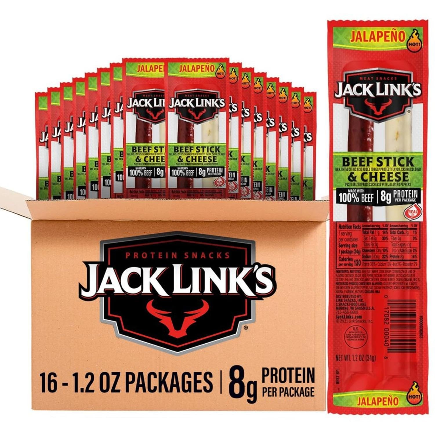 Jack Link’s Jalapeno Beef Jerky Sticks and Cheese 1.2 Ounce (Pack of 16)