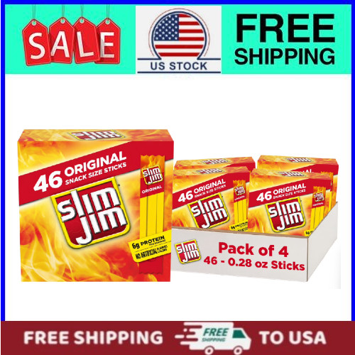 4 pack Slim Jim Smoked Meat Sticks, Original Flavor, 6g Protein Per Serving 46Ct