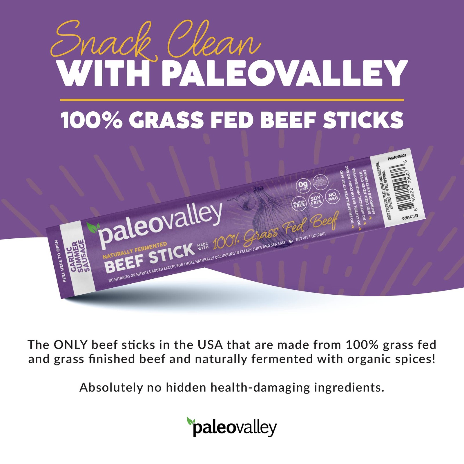 Paleovalley 100% Grass Fed Garlic Summer Sausage Beef Sticks – Delicious Gluten