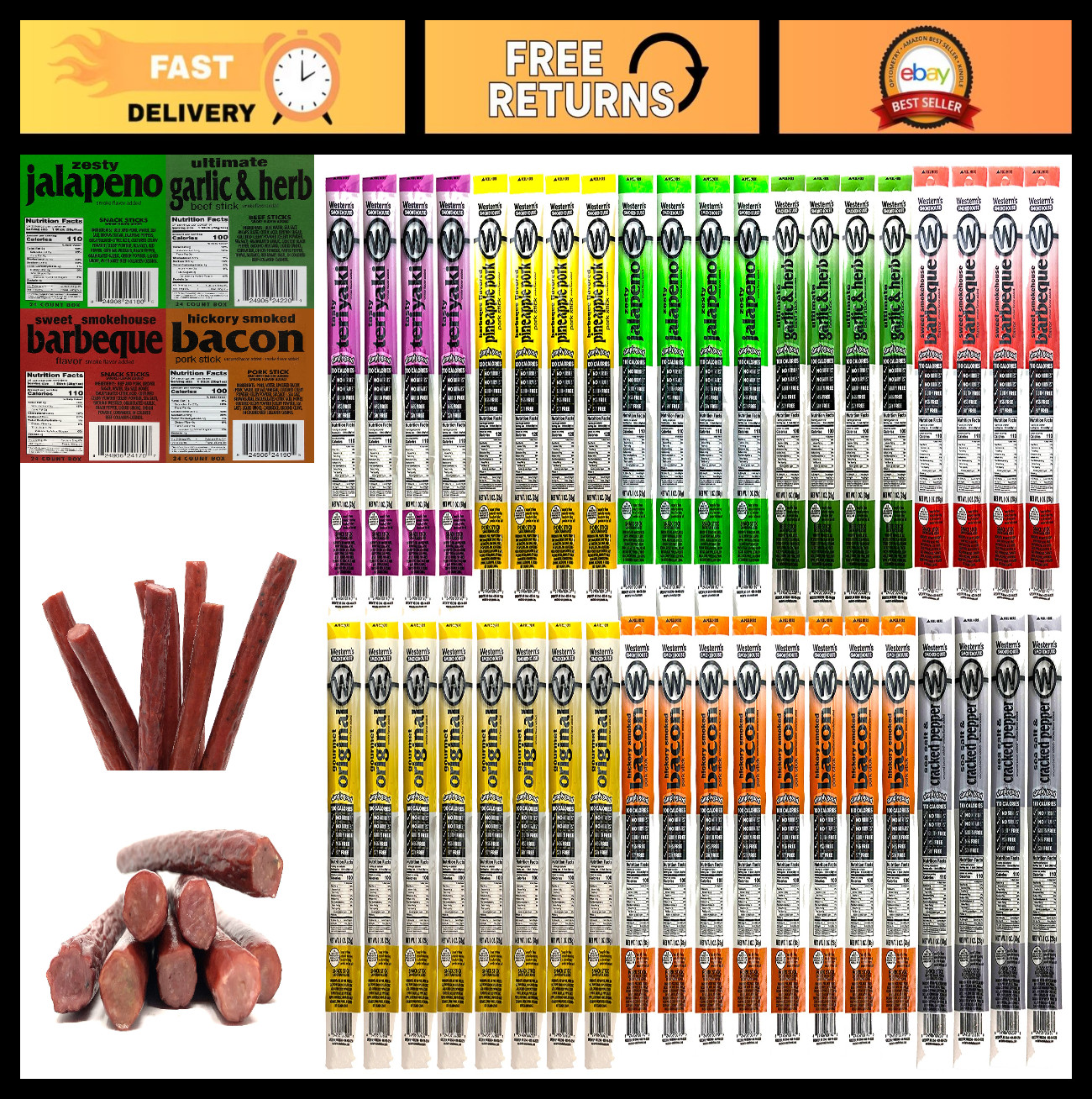 Variety Pack 40 Meat Sticks – 8 Flavors Pork & Beef Jerky, Gluten-Free, Bulk Sna