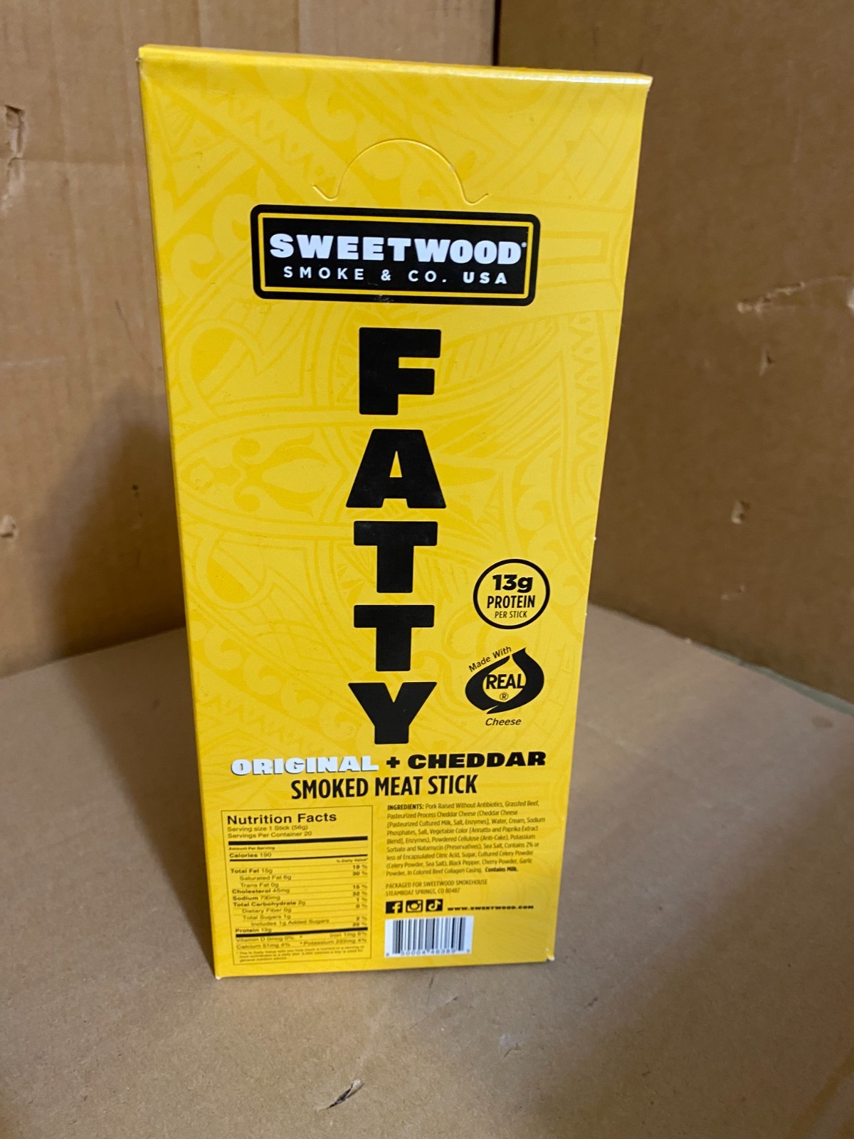 FATTY Meat Sticks, 13g Protein Per Stick, Original Cheddar, 2 oz. (Pack of 20)