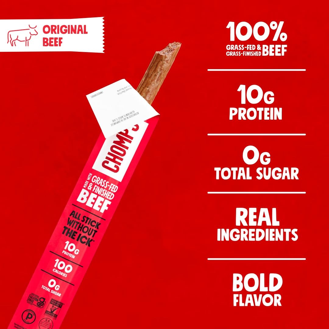 Chomps Original Beef Snack Sticks 24 Pack Grass Fed Keto Zero Sugar Protein…