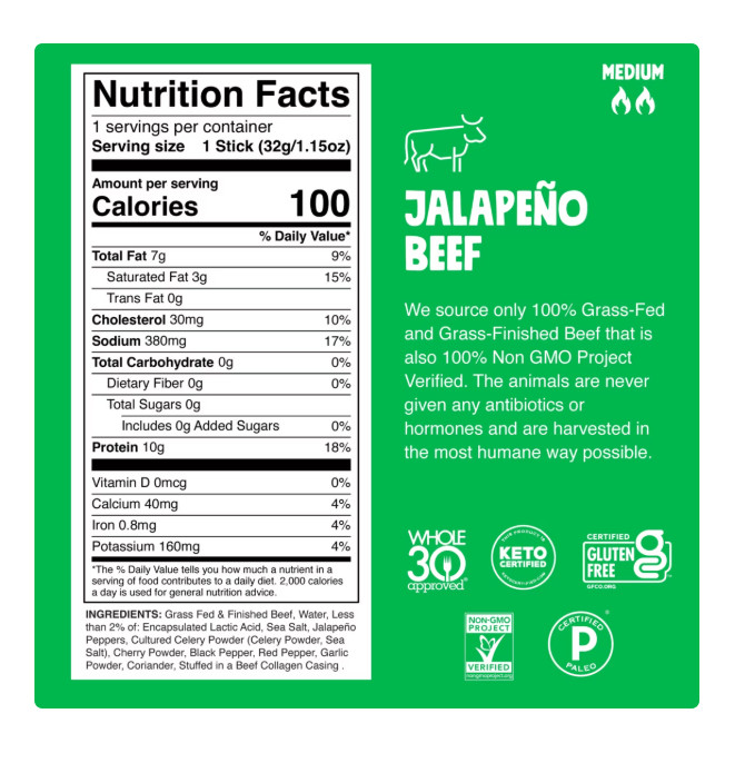 Chomps Grass-Fed And Finished Jalapeño Beef Jerky Snack Sticks (8 Count)