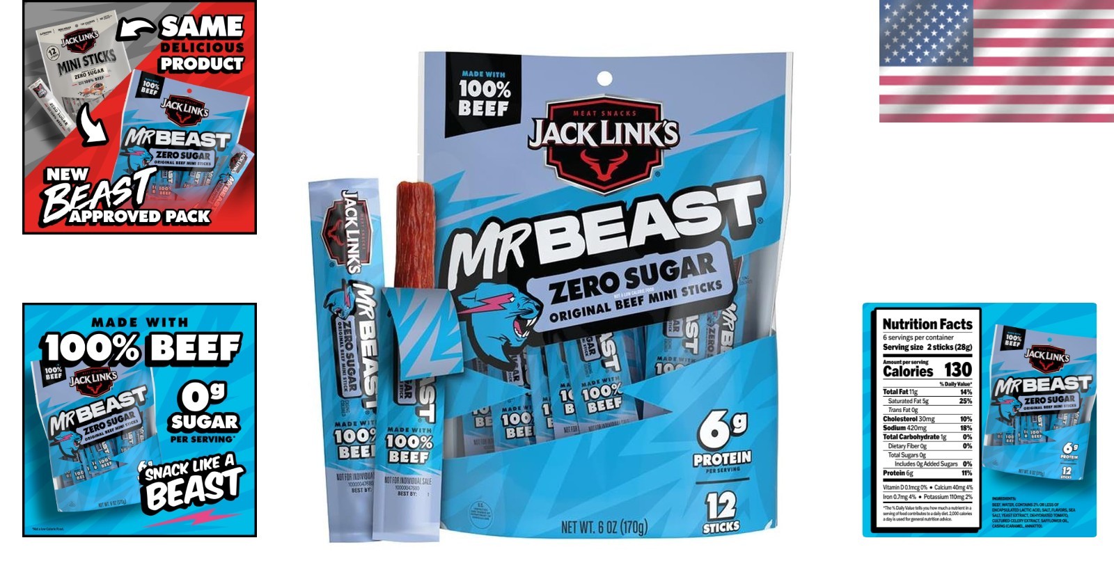 MrBeast Zero Sugar Mini Beef Jerky Sticks – 6g Protein | 12 Individually Wrapped