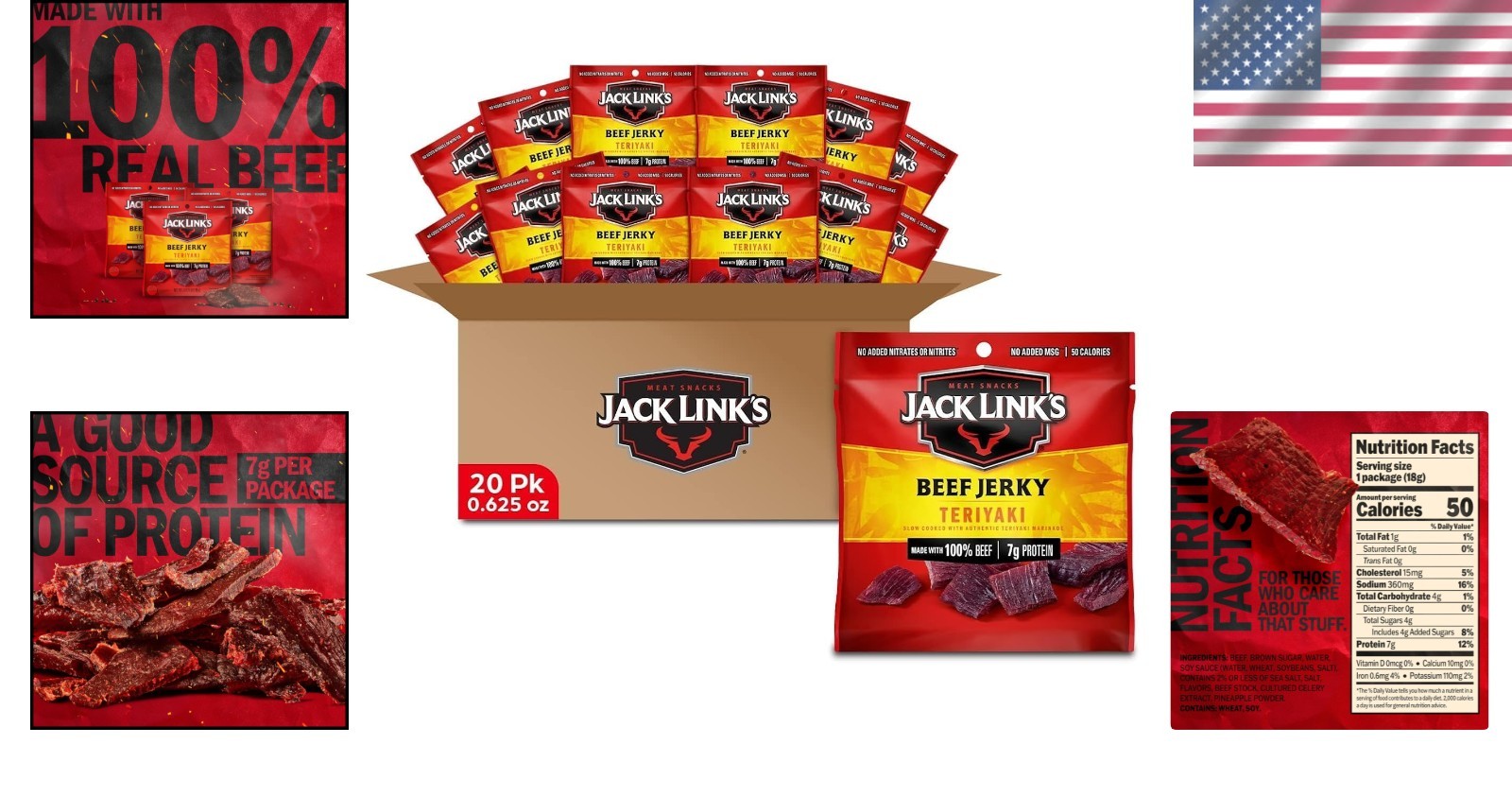 Convenient 20-Pack Teriyaki Beef Jerky – 0.625 oz Bags, High-Protein Snack