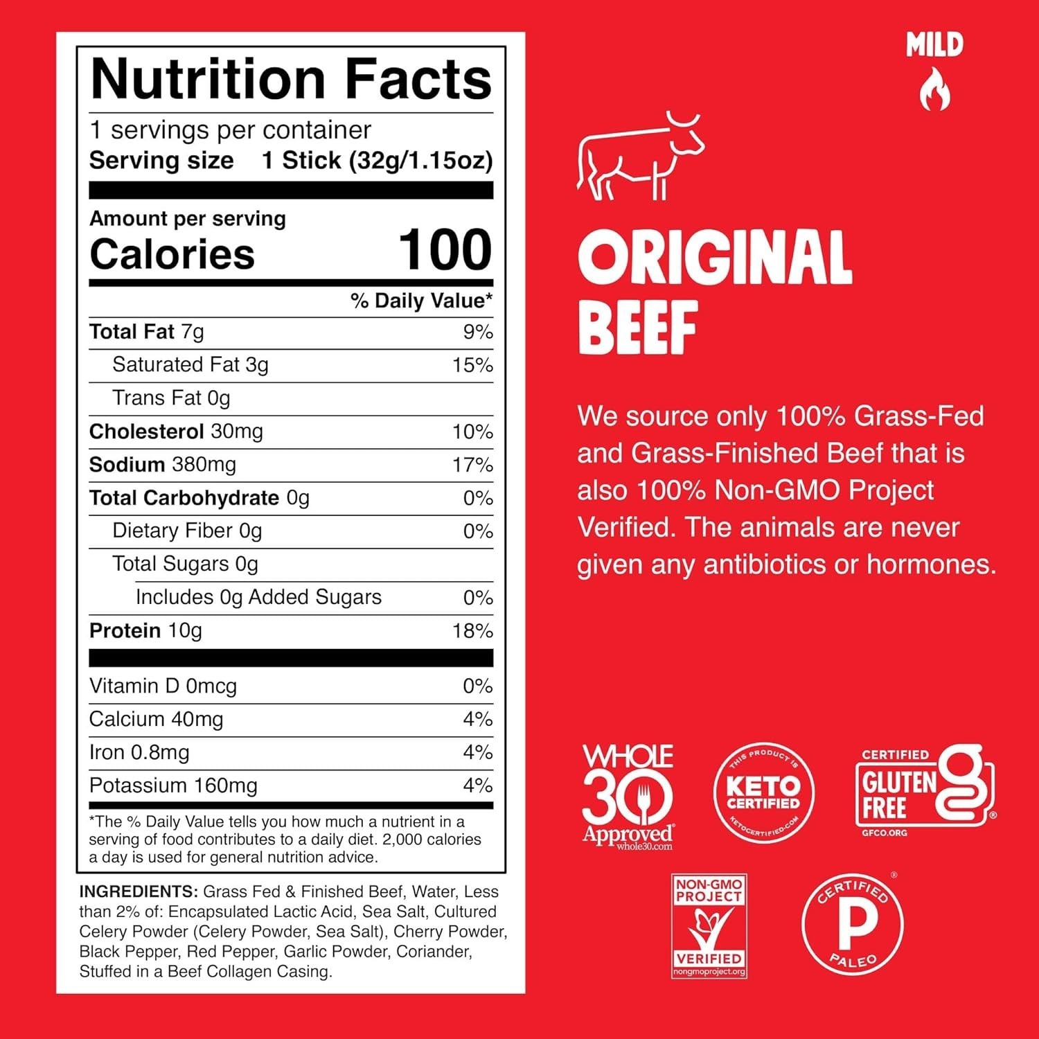 Grass Fed Original Beef Jerky Sticks 10 Pack Keto Paleo Gluten Free Zero Sugar