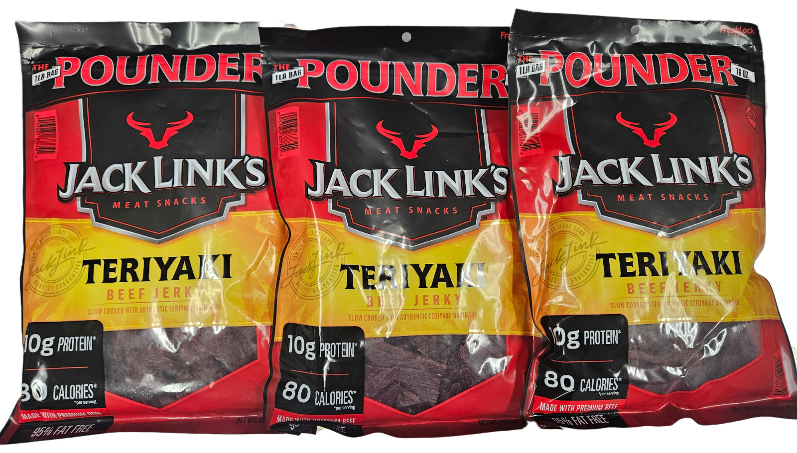 (3) Jack Link’s Teriyaki Beef Jerky (POUNDER) 1 lb bags – Best By 11/20/2025
