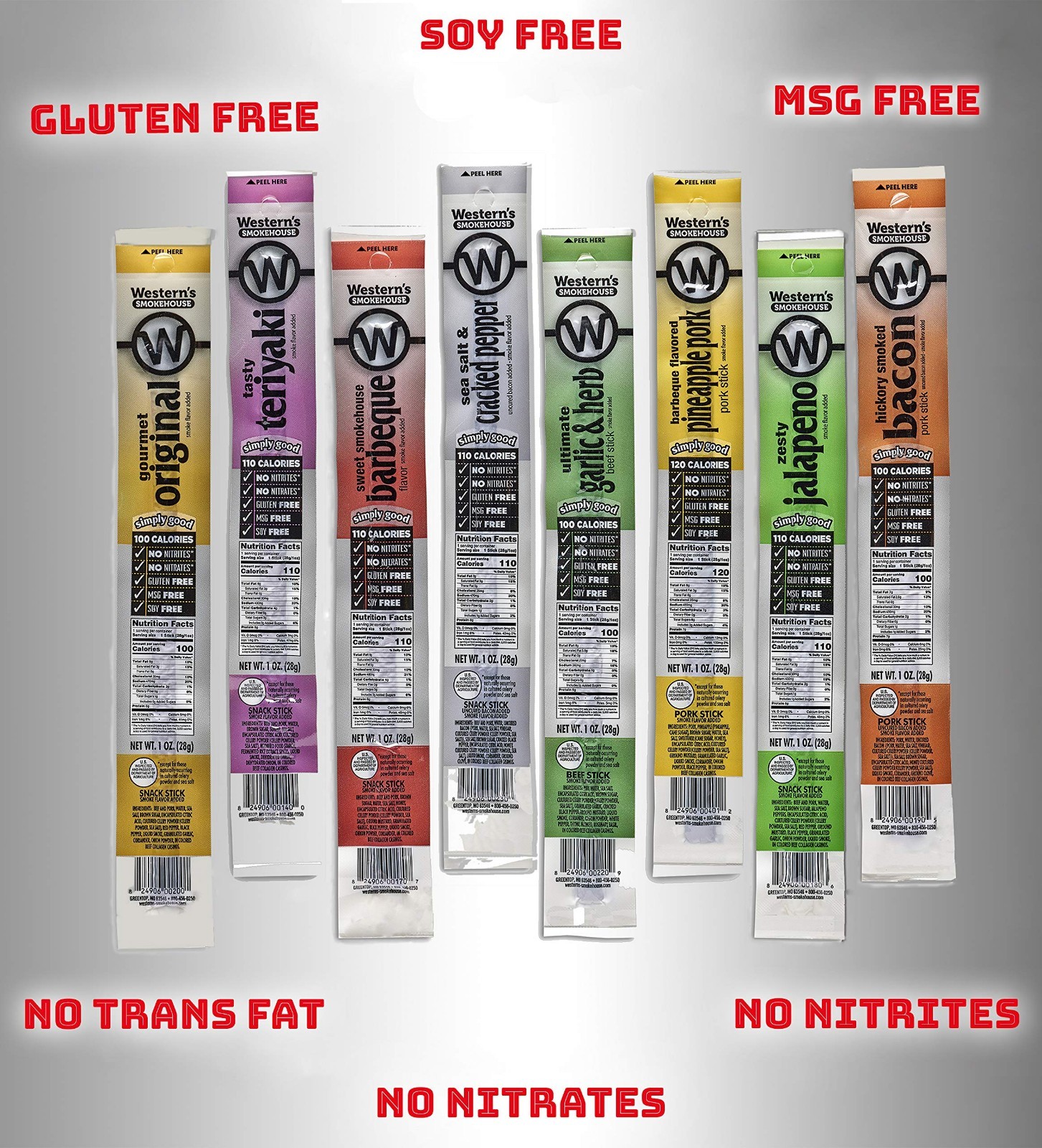 Variety Pack of 40 Meat Sticks – 8 Flavors of Gluten-Free Pork & Beef Jerky, Bul