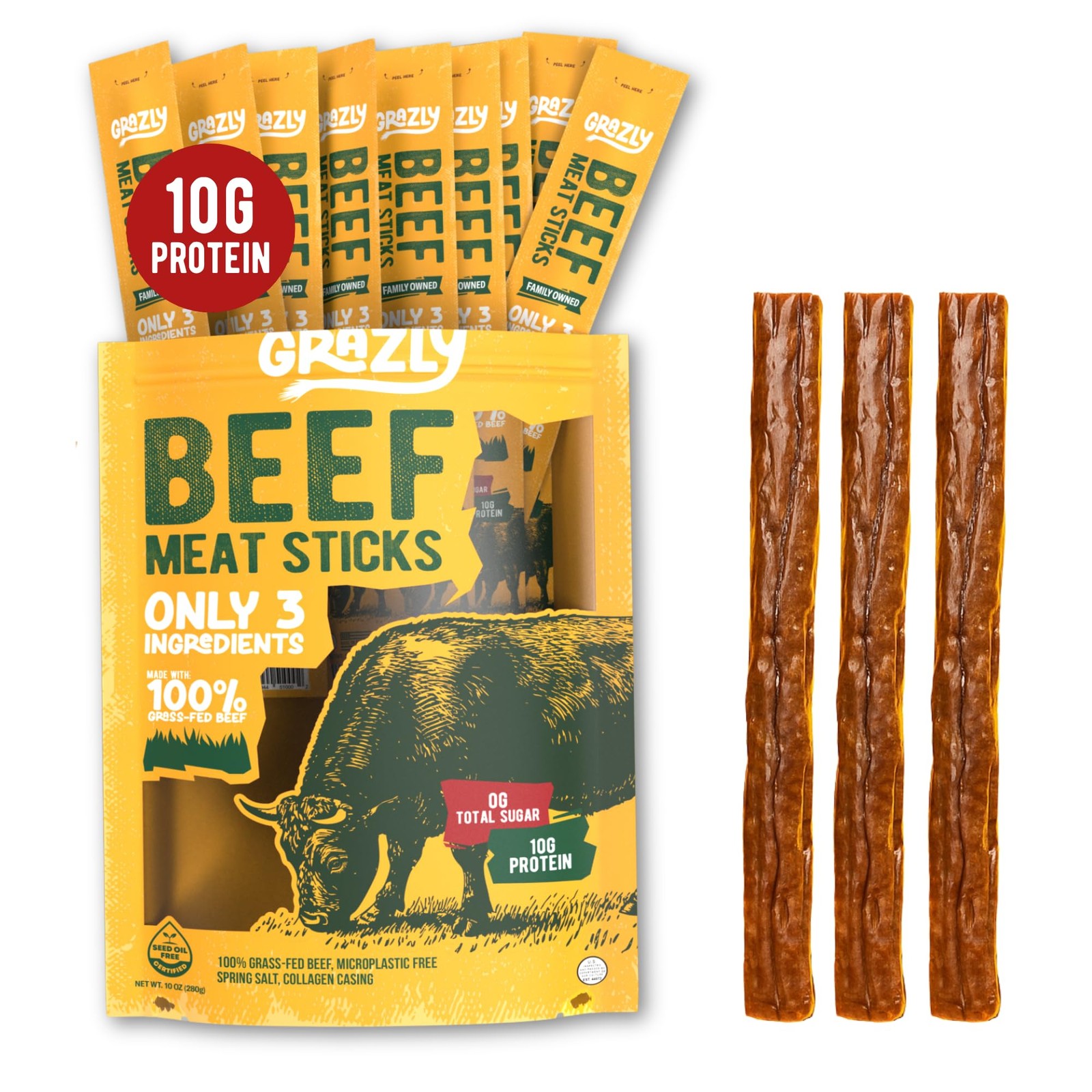 Grazly GrassFed Beef Sticks – Made with Only Beef, Spring Salt & Collagen Cas…
