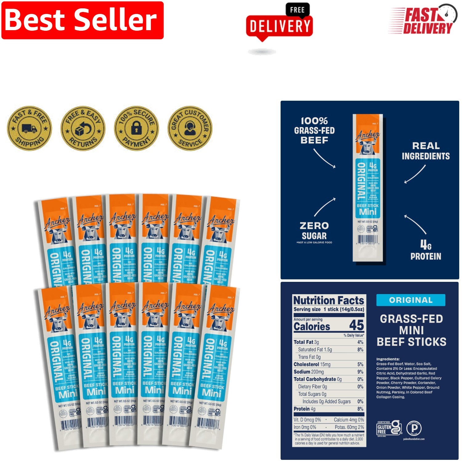 Archer Beef Jerky Sticks – High Protein Snack, 12 Individually Wrapped