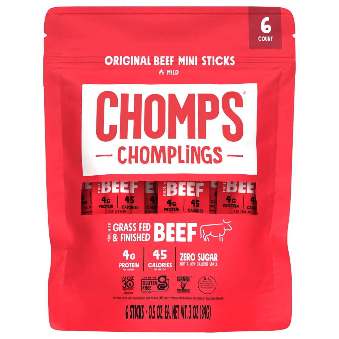 Chomplings Original Beef Mini Jerky Meat Sticks, 4g of Protein (6 Count)