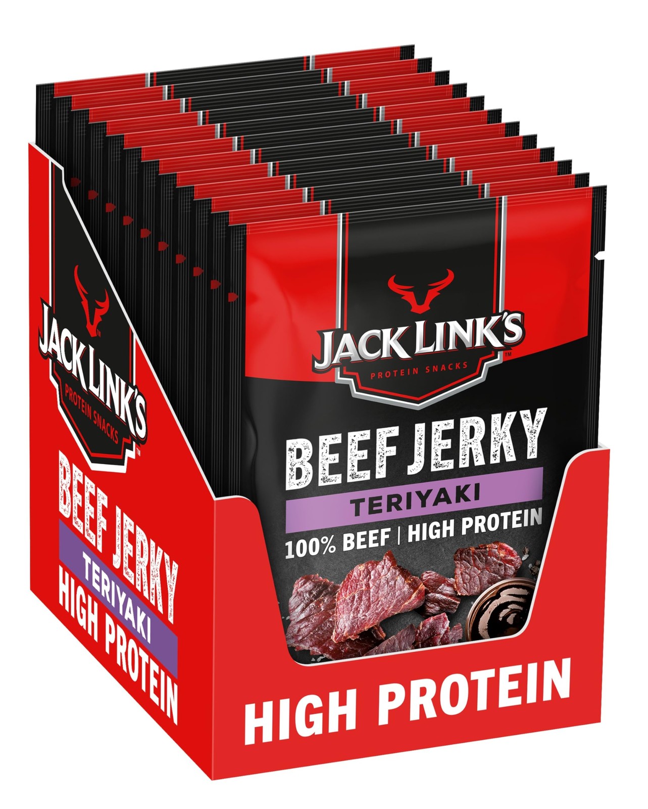 Jack Link’s Beef Jerky Teriyaki, Box of 12 x 40 g, Dried Meat Snack, High P