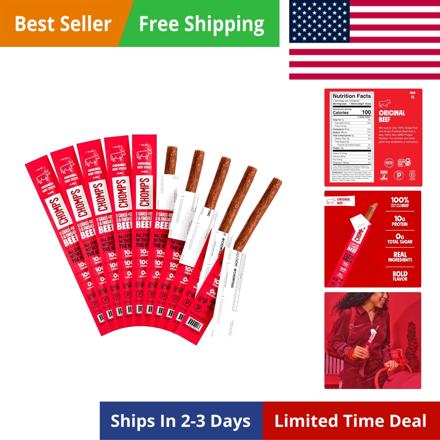 Grass-Fed and Finished Beef Jerky Snack Sticks 10-Pack – Keto, Paleo, Whole3…