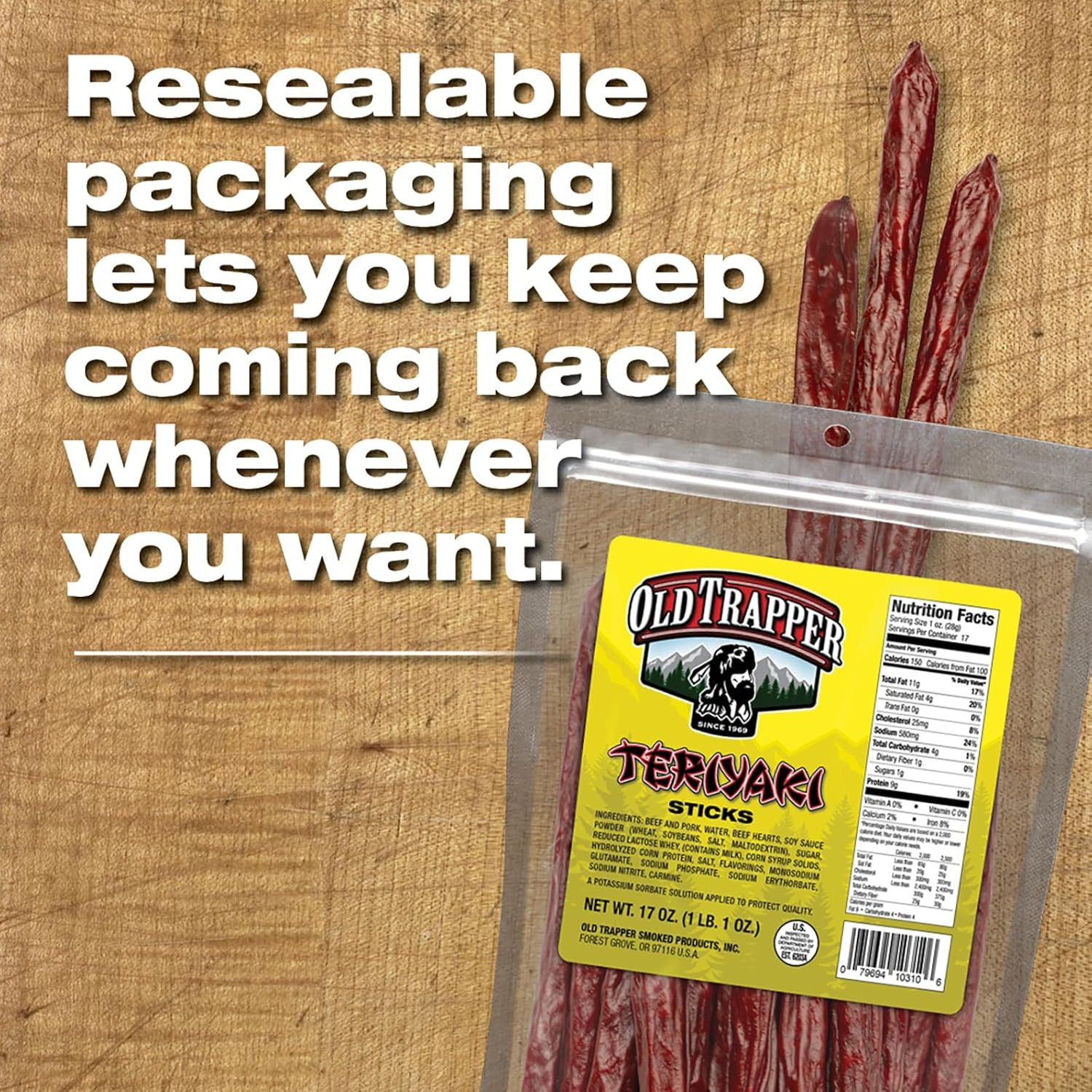 Teriyaki Snack Sticks, 17-Ounce Resealable Bag, Natural Wood Smoked Meat Sticks,