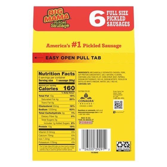 Penrose Big Mama Pickled Sausages, 2.4 oz., 6 Pack