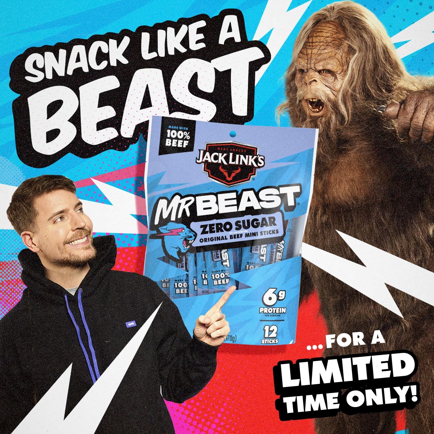 Jack Link’s x MrBeast Beef Sticks, Zero Sugar Mini Beef Sticks, As Seen on Be…