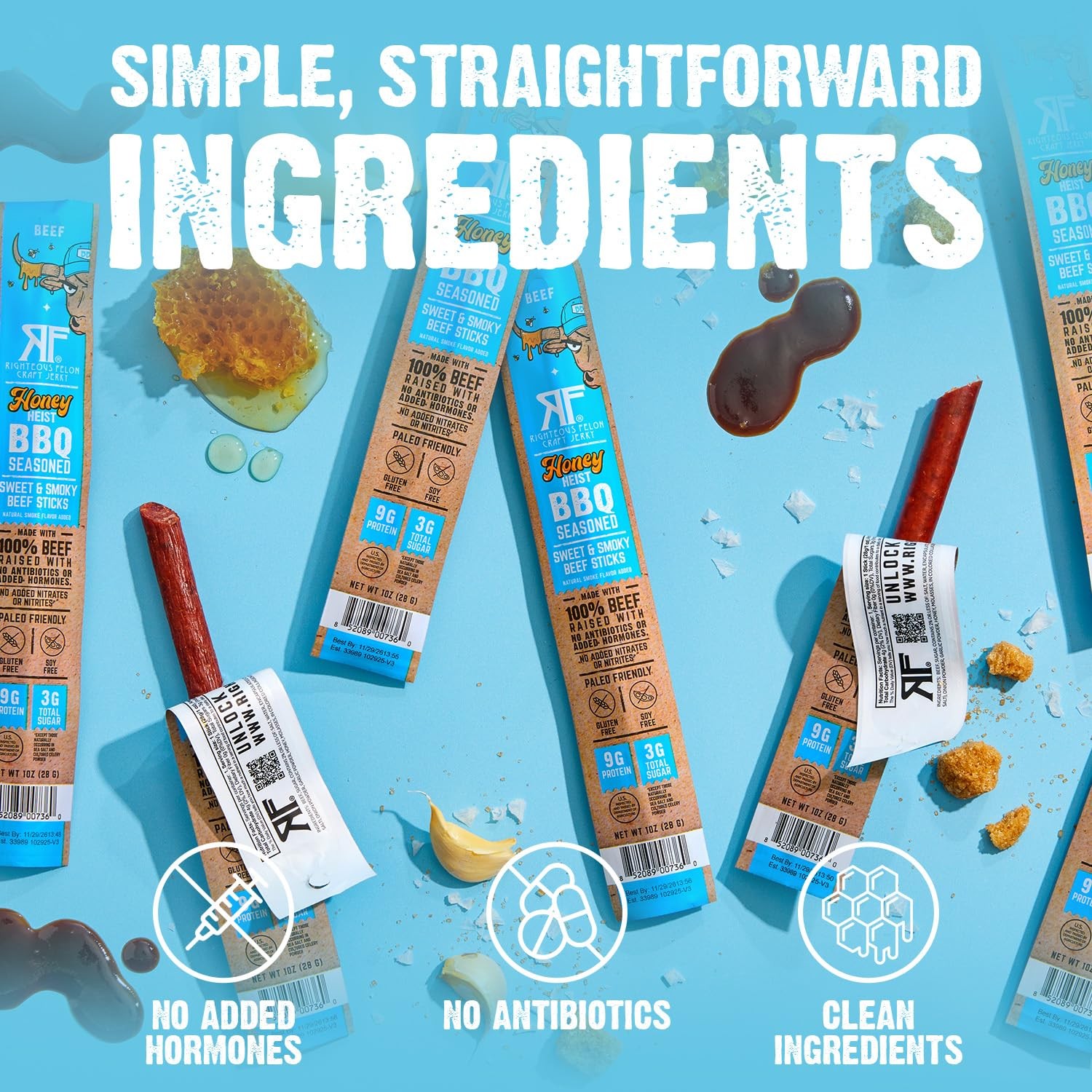 Beef Meat Sticks Honey BBQ Grass Fed 24 Count High Protein Keto Snack