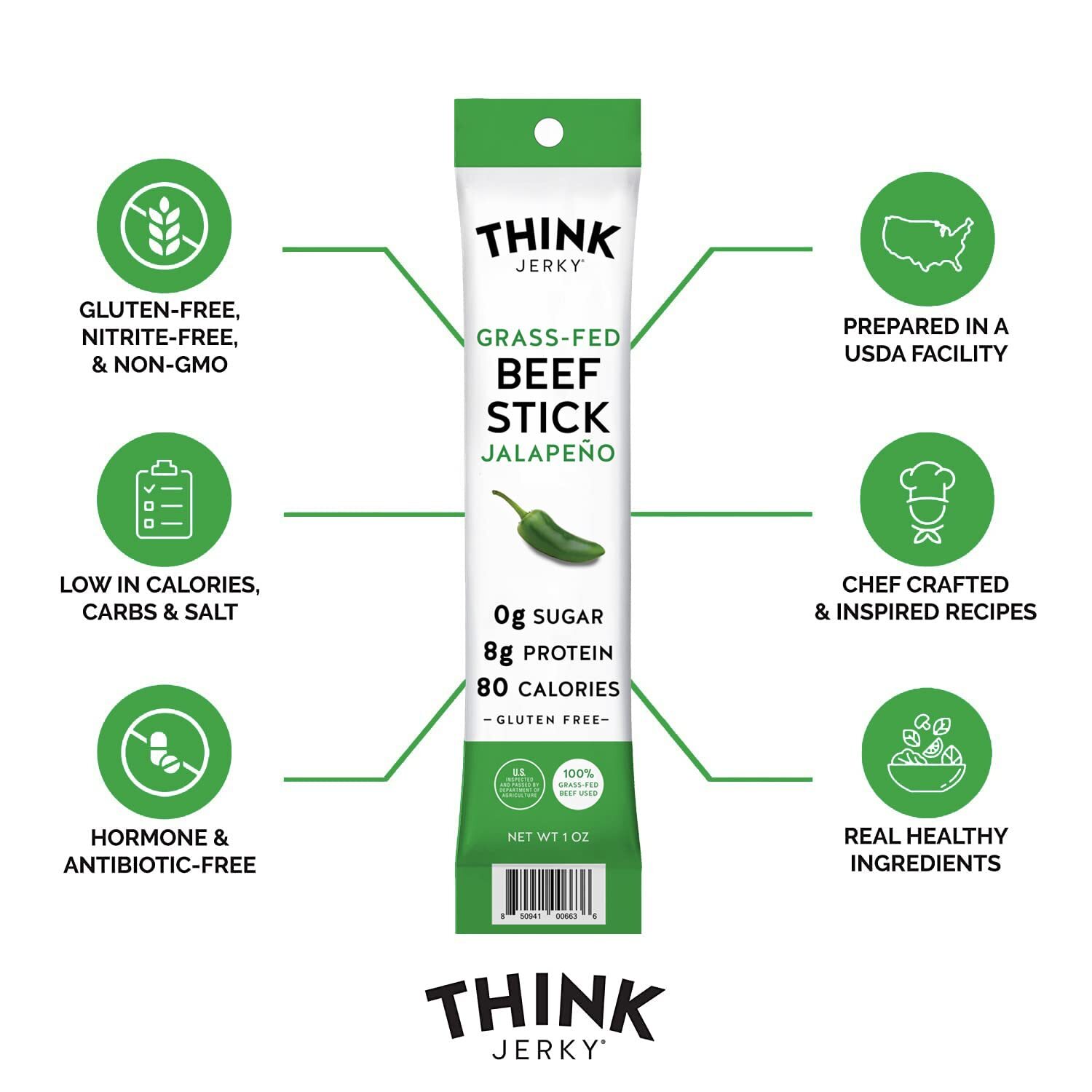Think Jerky, Jalapeno Grass-Fed Beef Sticks (1.0 Ounce Sticks, Pack of 20
