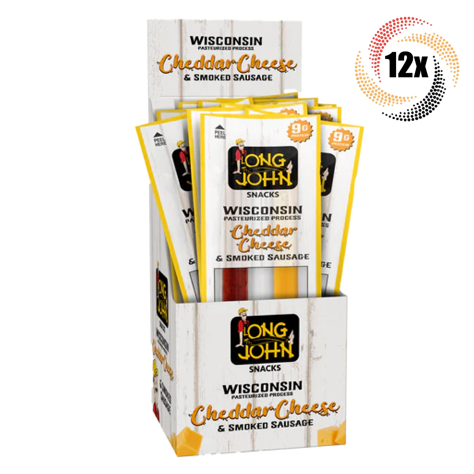 Full Box 12x Packs Long John Wisconsin Cheddar & Smoked Sausage Snack | 1.5oz