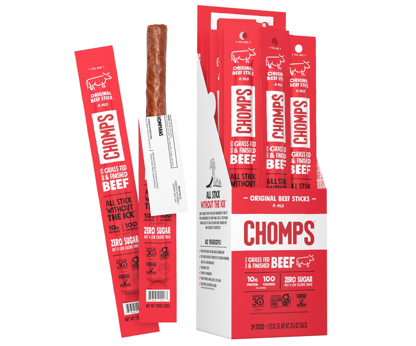Chomps Grass-Fed and Finished Original Beef Jerky Snack Sticks 24-Pack Keto P…