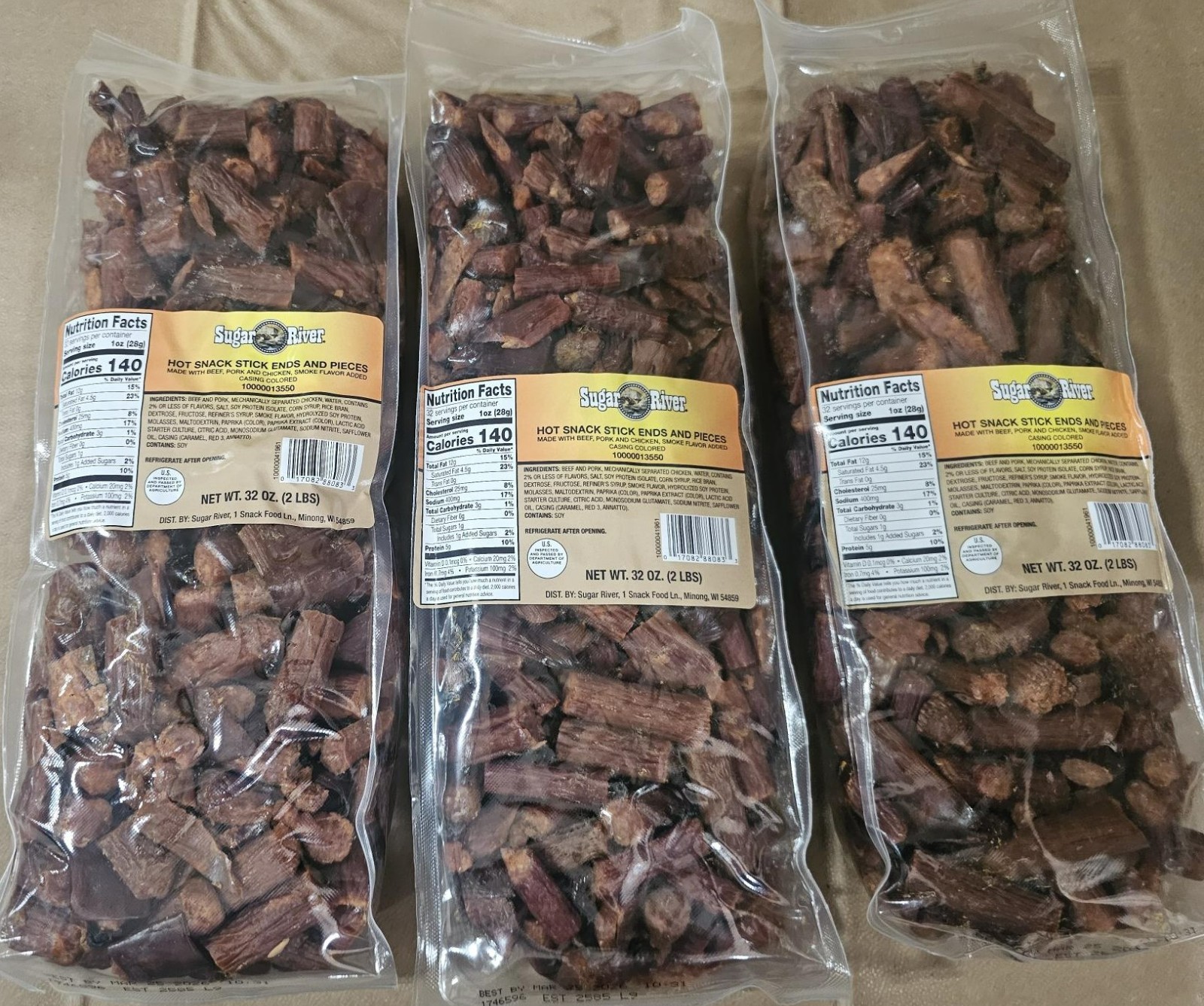 3 X 2LB/ea SUGAR RIVER *HOT* Meat Snack Sticks Sealed bag “loose” EXP 12.1.26