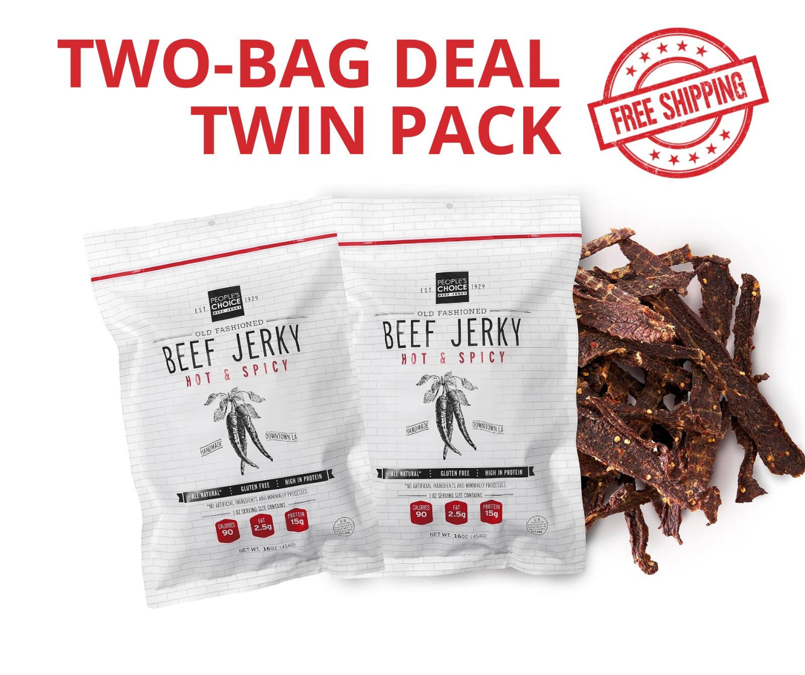 2 PACK – People’s Choice Beef Jerky Old Fashioned Hot & Spicy Sugar FREE 2.5oz.