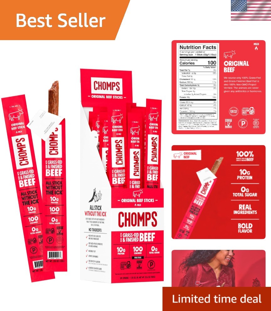 Grass-Fed Beef Jerky Snack Sticks 24-Pack – 10g Protein & Gluten-Free