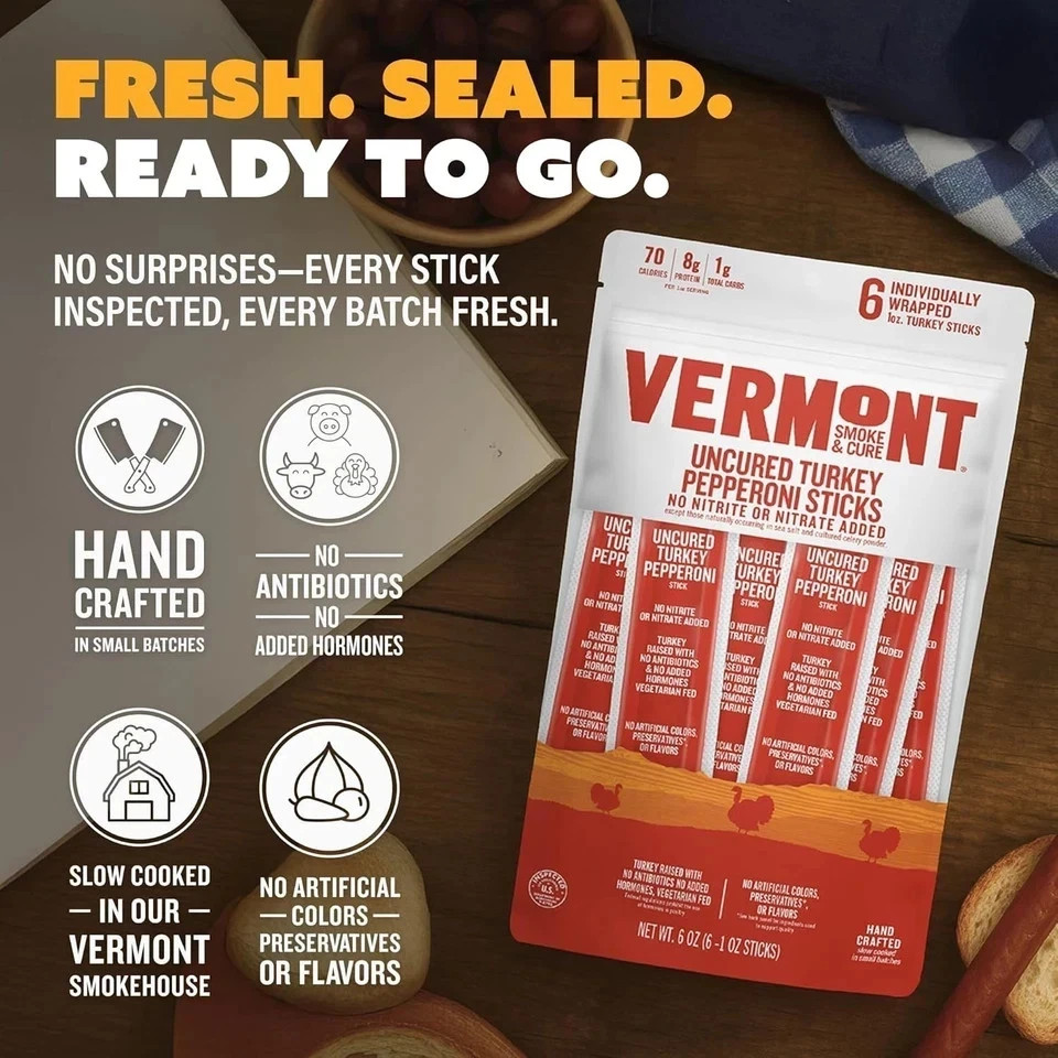 Vermont Smoke & Cure – Turkey Uncured Pepperoni Meat Sticks – Protein Snacks – O