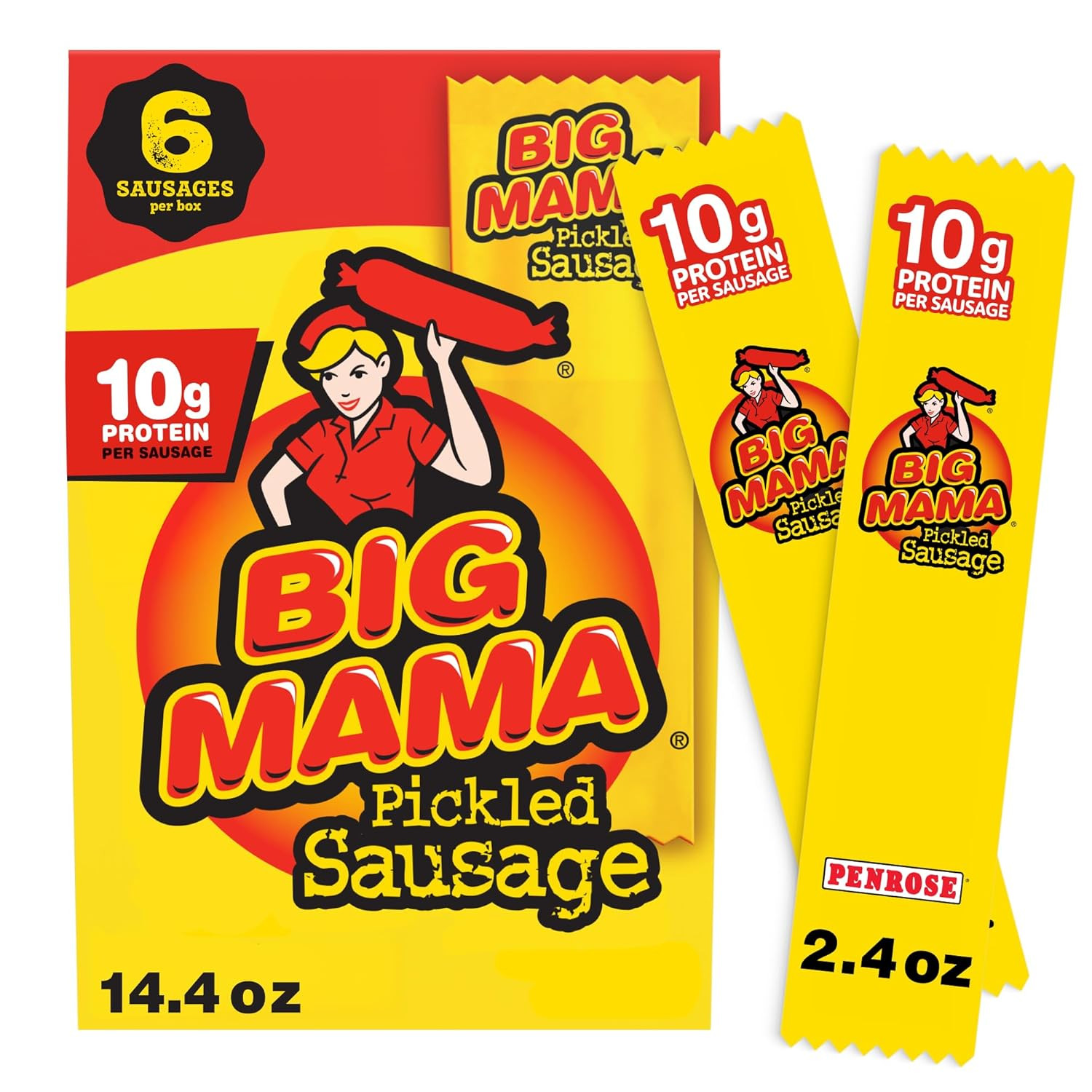 Penrose Big Mama Pickled Sausage, 10G Protein per Sausage, 2.4 Oz., 6-Count
