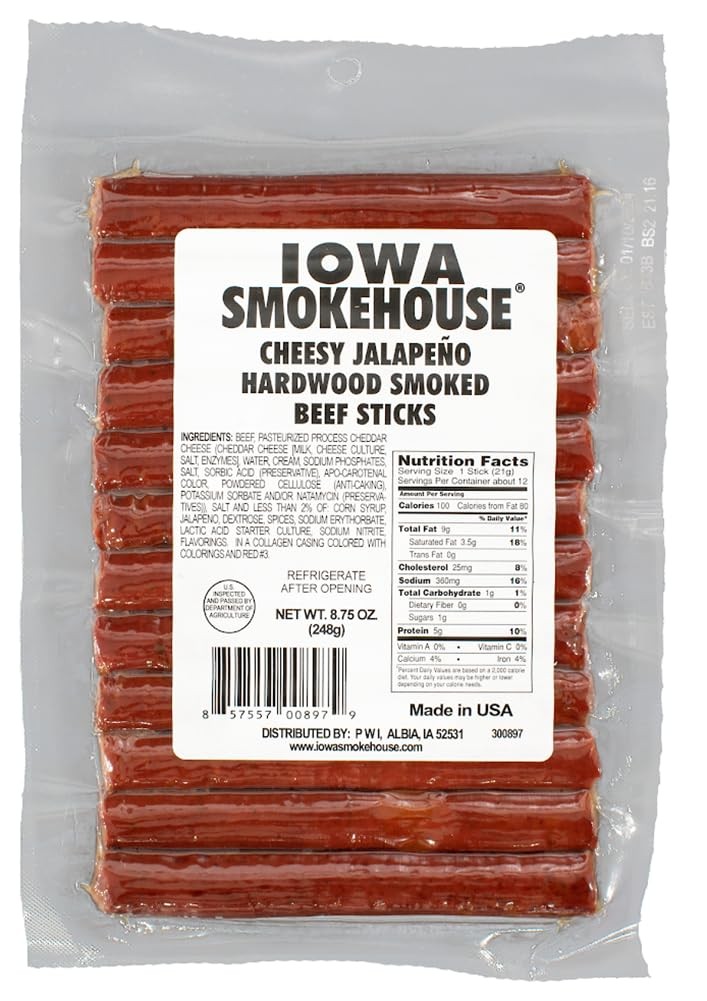 Iowa Smoked Cheesy Jalapeno Beef Sticks Hardwood Hickory Smoked Meat Snacks