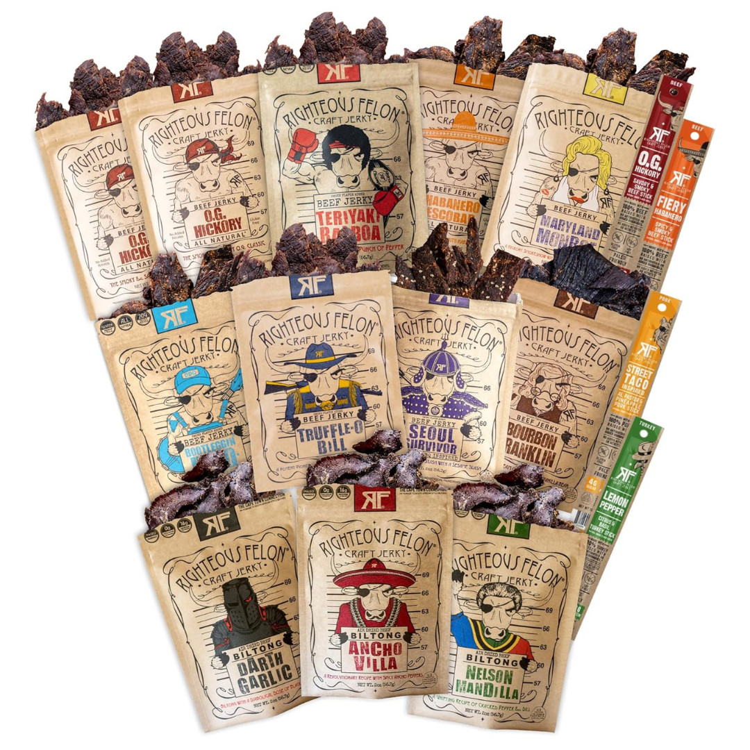 Righteous Felon Beef Jerky & Meat Sticks Variety Pack 16 High Protein Keto Snack