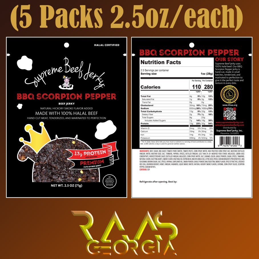 5-Pack Halal Supreme Beef Jerky- 2.5 oz/each- Select from 7 Flavors!