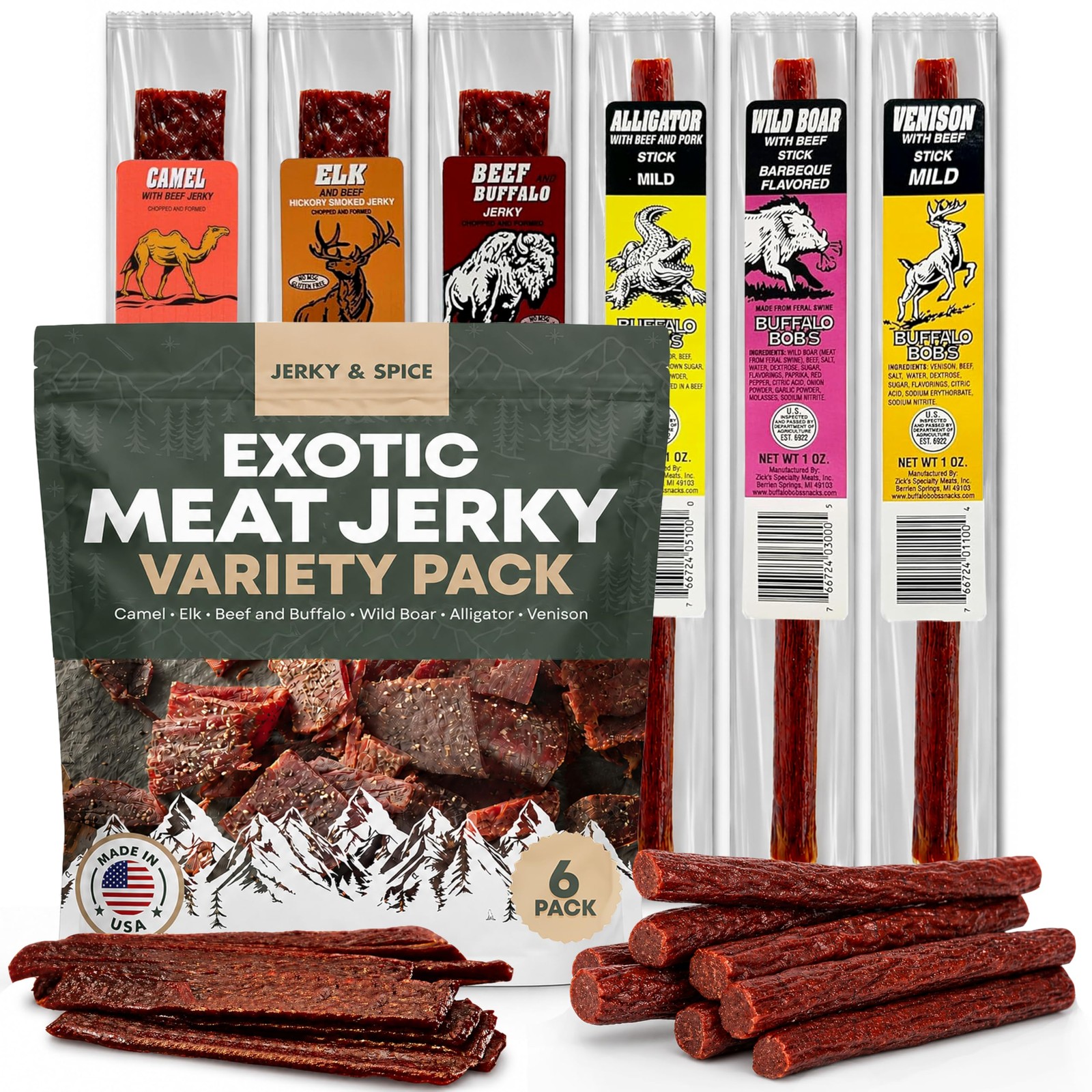 Buffalo Bobs Wild Game Meat Snacks 6~Pack Exotic Jerky Gift Set