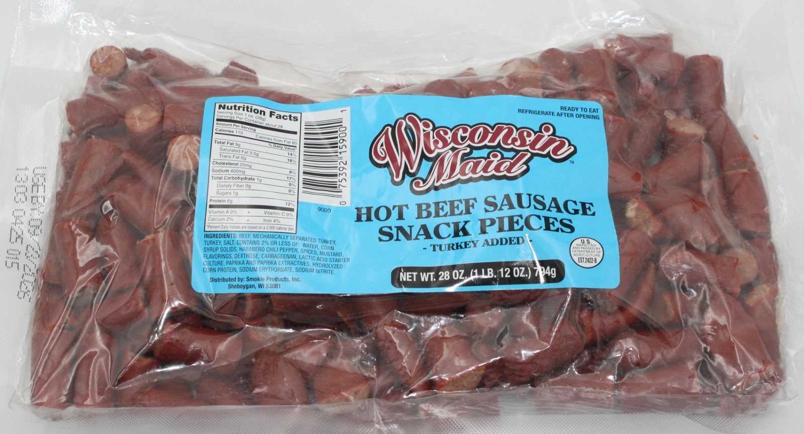 Wisconsin Maid Hot Beef Sausage Snack Pieces 28 oz Turkey Added Best By 11/2026