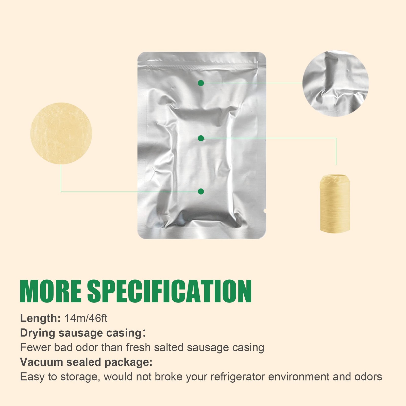 1 Roll 46 FT Edible Drying Sausage Casing 20mm 3/4 Inch Smoked Collagen