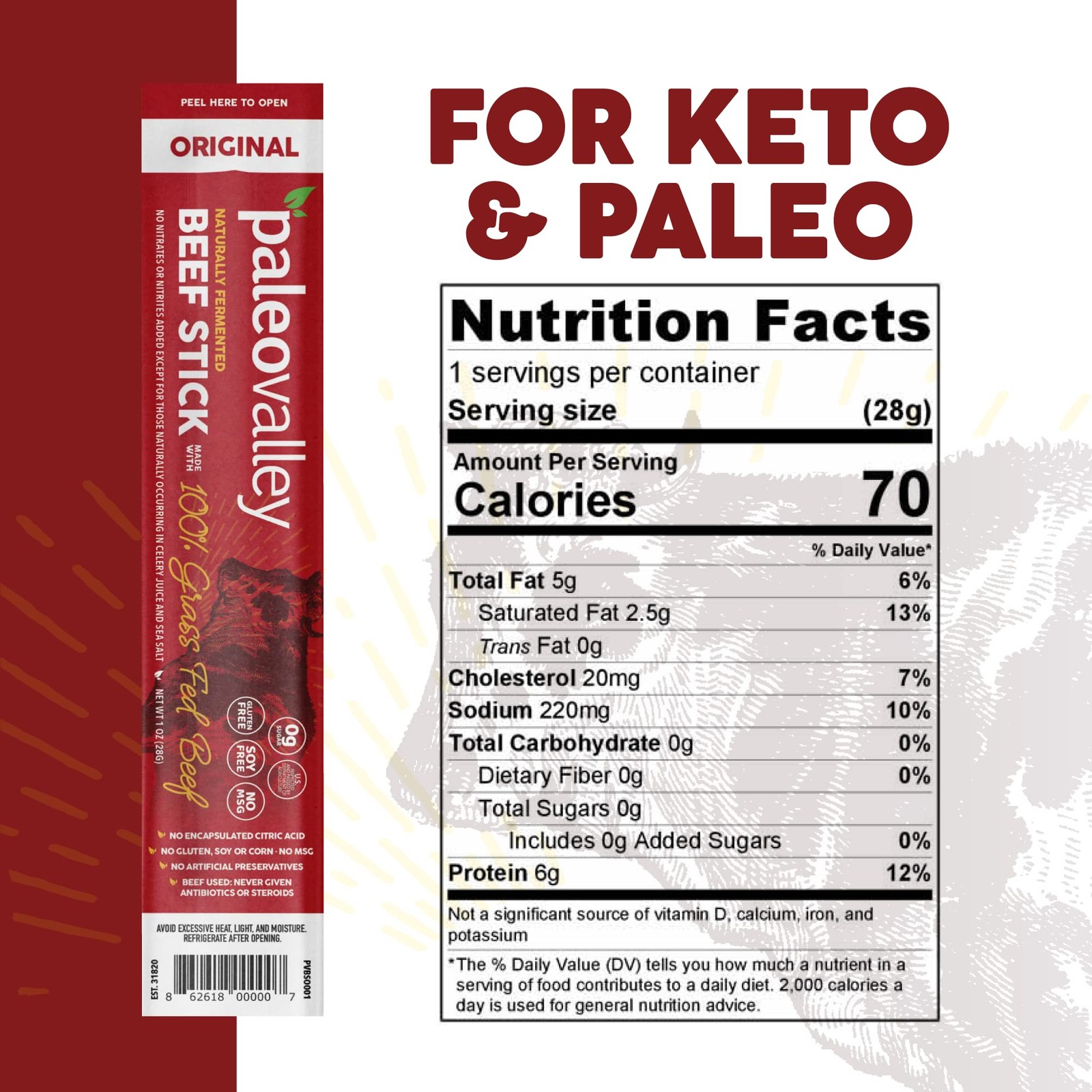 Paleovalley 100% Grass Fed Original Beef Sticks – 1 Ounce (Pack of 10)
