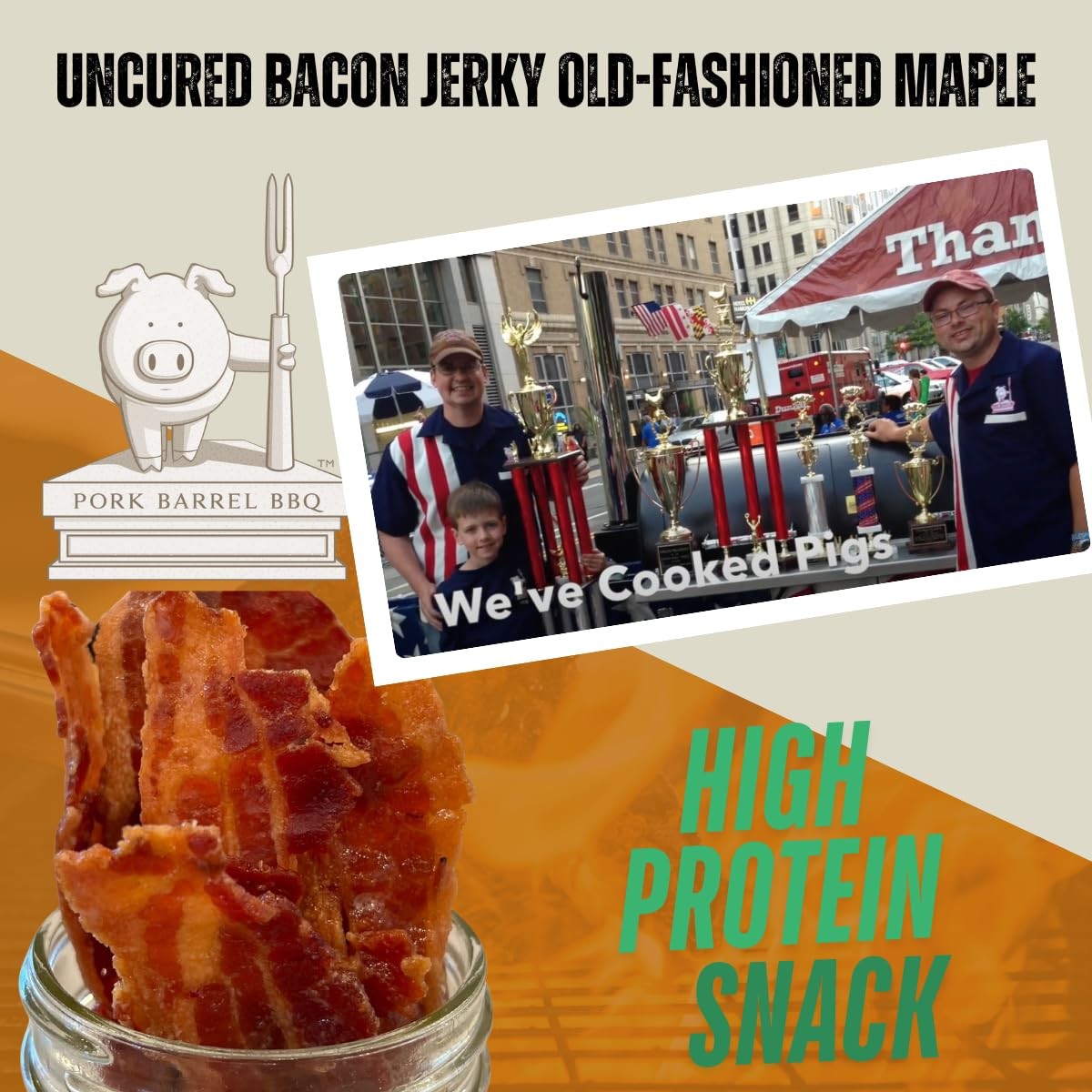Pork Barrel BBQ Uncured Bacon Jerky Old-Fashioned Maple Sweet Maple Brown