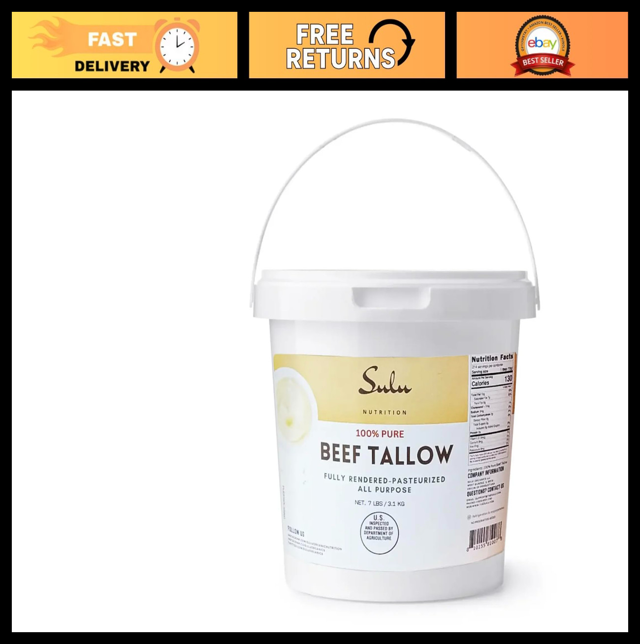 Pure Non-GMO Beef Tallow – 100% Food Grade, 7 lbs for Cooking & Baking