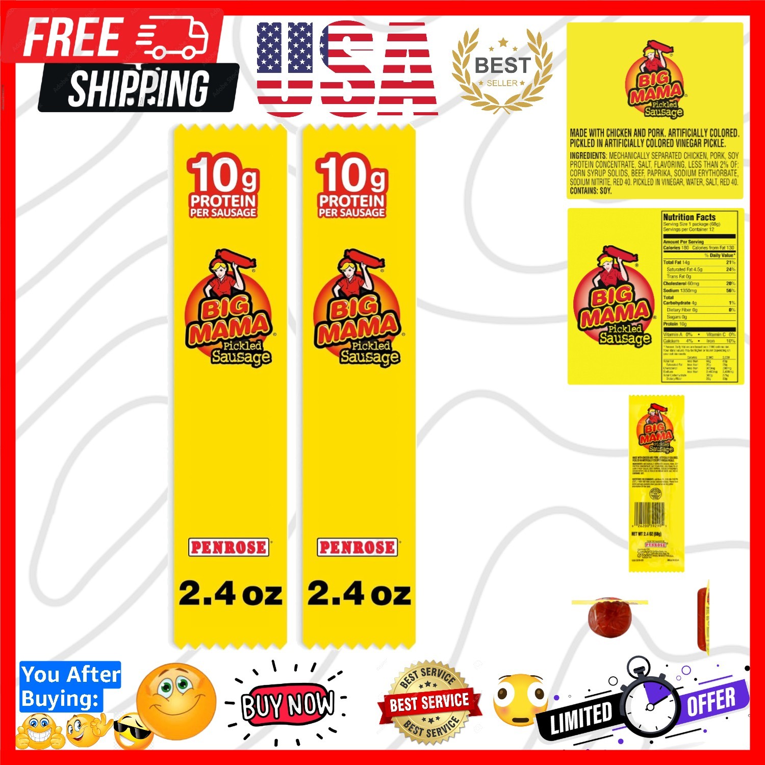 Big Mama Pickled Sausages, Keto Friendly, 2.4 oz Pack of 2