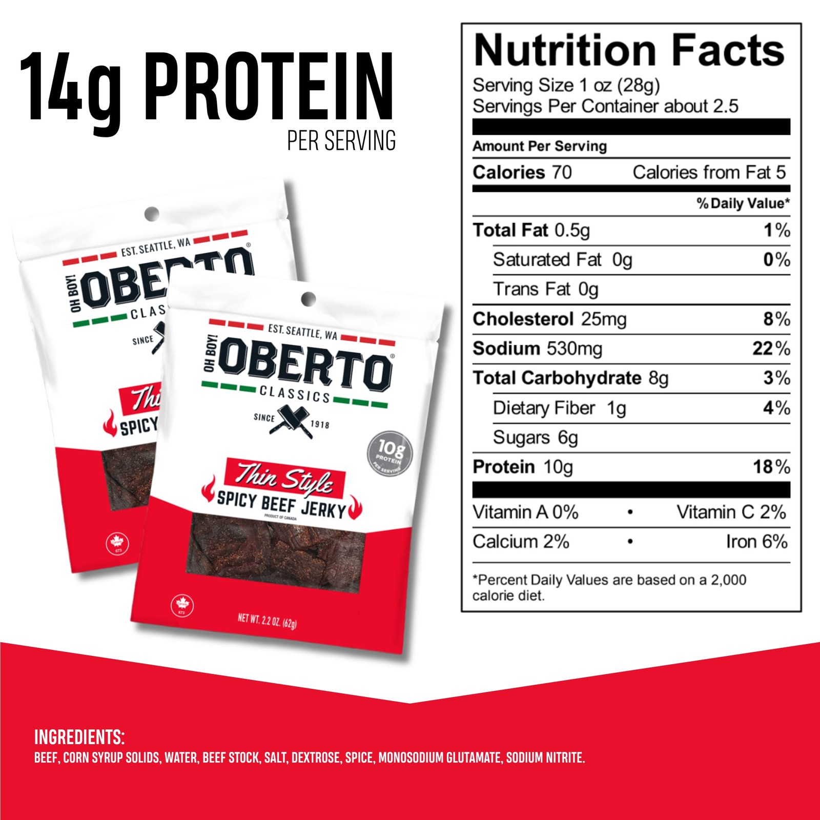 Oberto Classics Thin Style Beef Jerky, Spicy Flavor, No Artificial Ingredient…