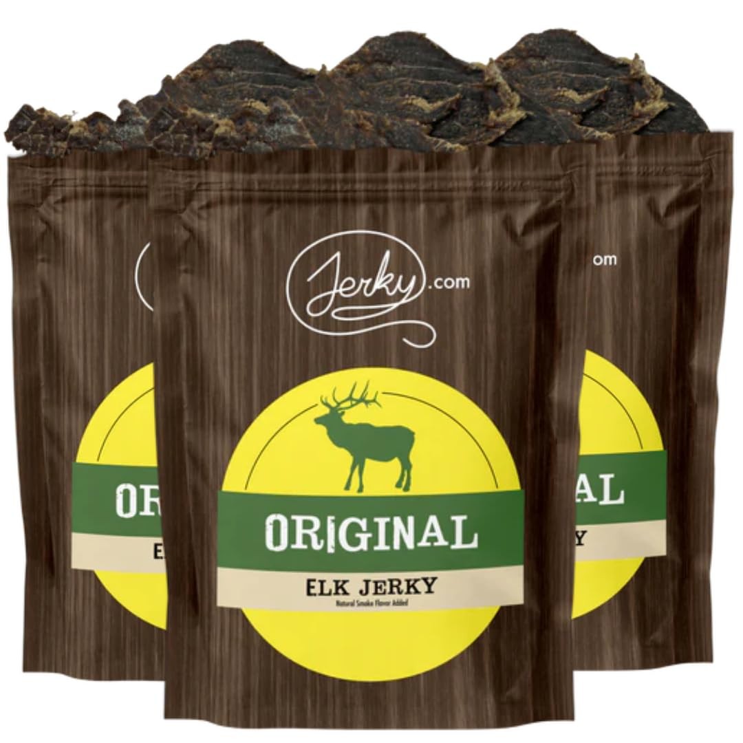 Jerky.com Original Elk Jerky 3-Pack – High-Protein Low-Fat Exotic Snack – Glu…