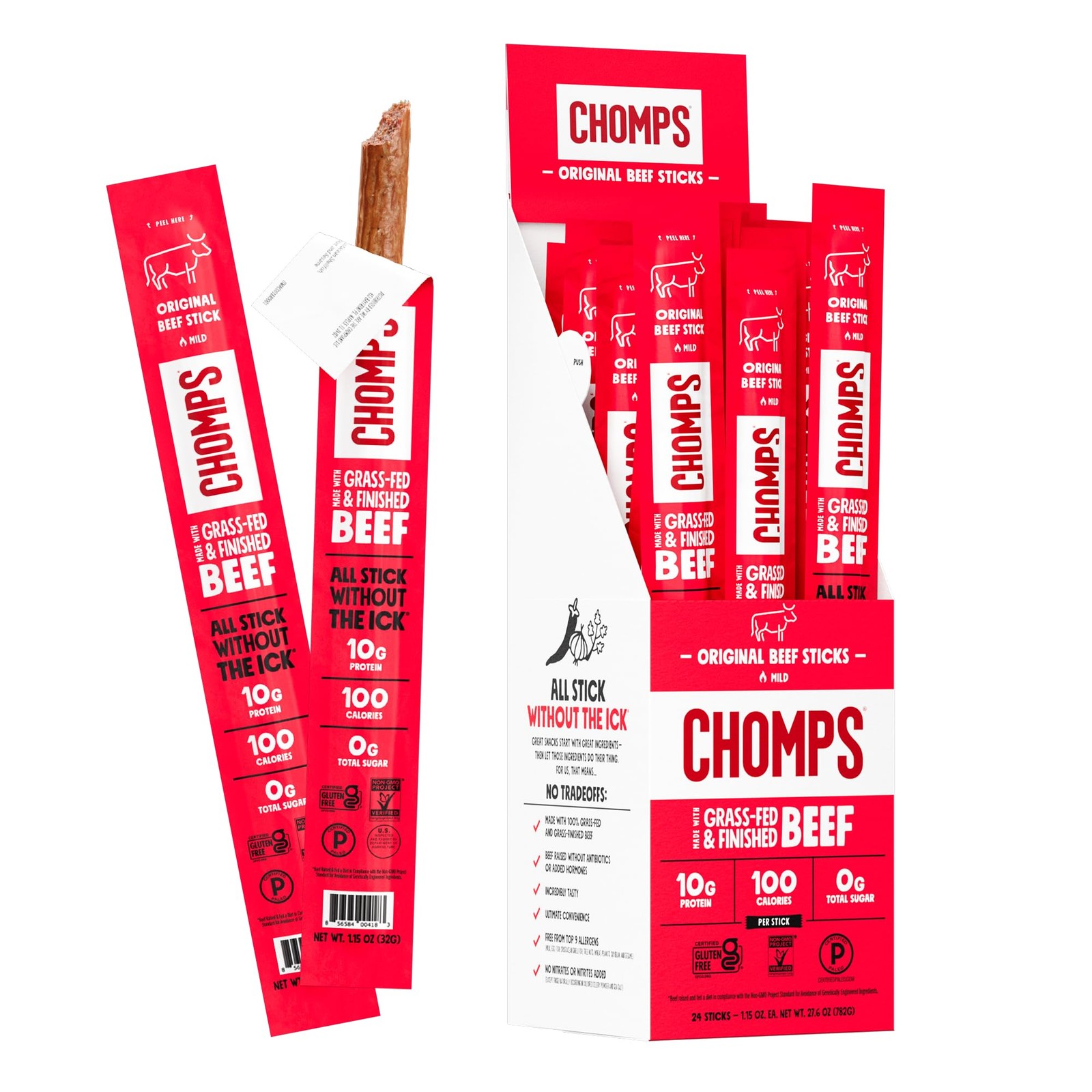 Chomps Grass-Fed and Finished Original Beef 1.15 Ounce (Pack of 24), Red
