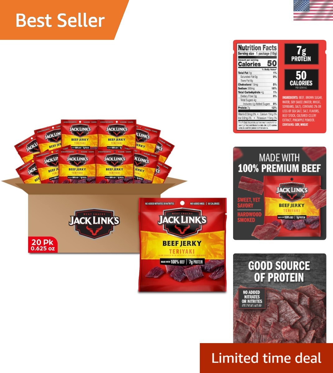 Protein-Packed Teriyaki Beef Jerky – 20 Individual 0.625oz Snack Bags, 100% Beef