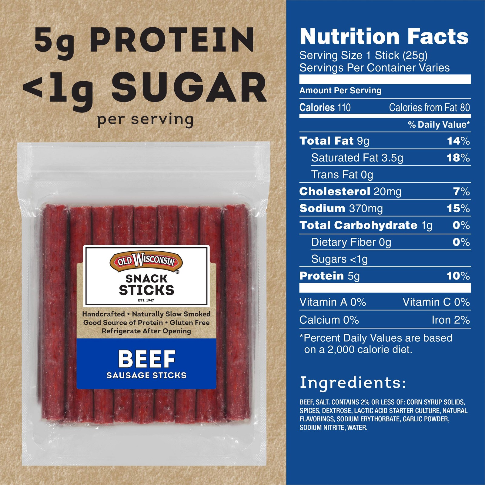 Old Wisconsin Beef Sausage Snack Sticks, Naturally 26 Ounce (Pack of 1)