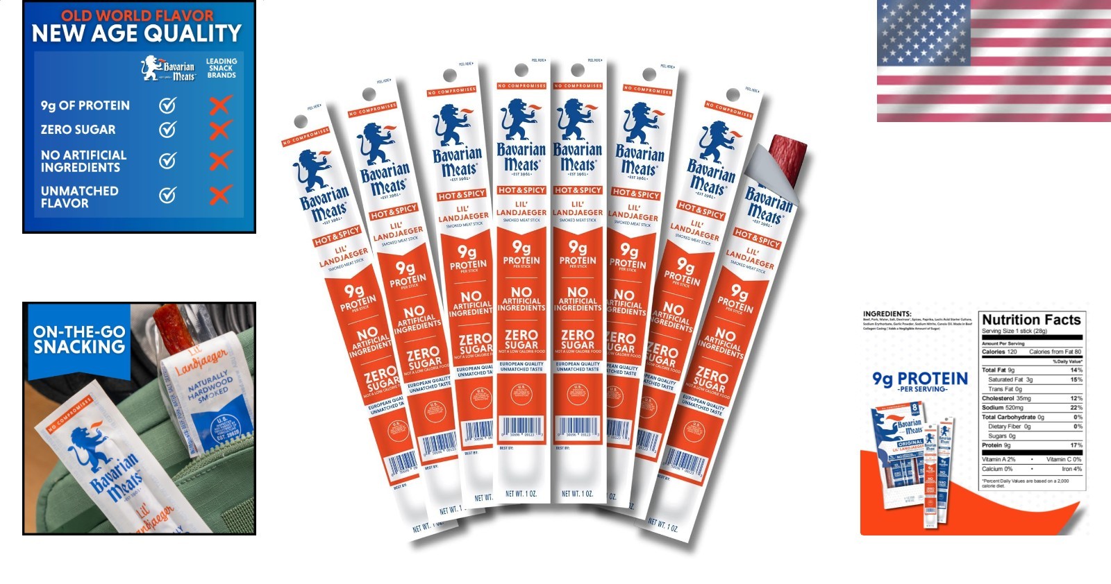 Meat Sticks Hot Spicy Landjaeger Keto Low Carb Zero Sugar Protein Snack 8-Pack