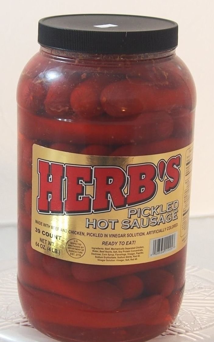 Herbs Red Hot Pickled Sausage 1 Gal Jar, 39 Count, Beef & Chicken