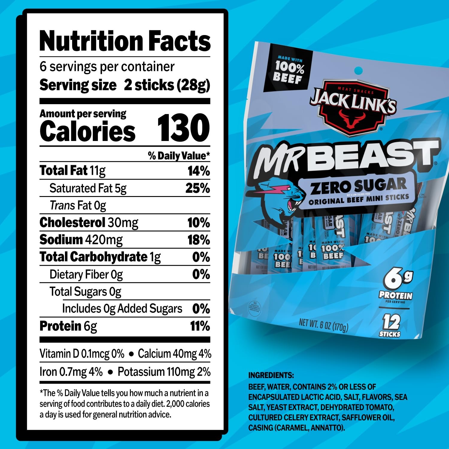 Jack Link’s x MrBeast Zero Sugar Original Mini Beef Jerky 6oz (Pack of 12)