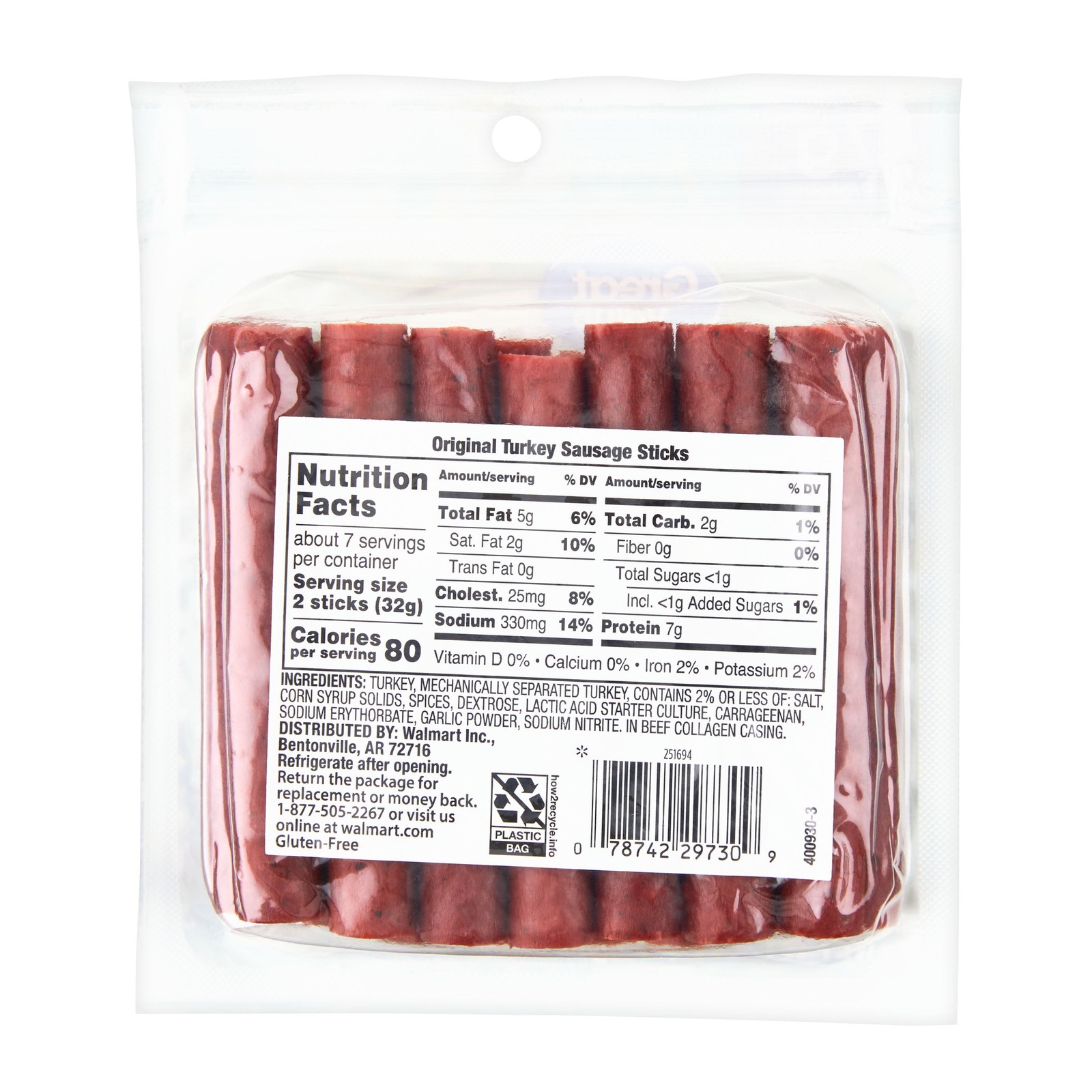 (4 pack) Great Value Original Fully Cooked Turkey Sausage Sticks Resealable